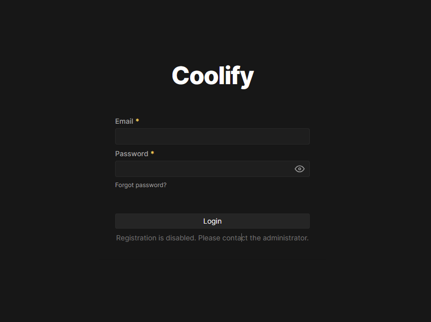 coolify login screen