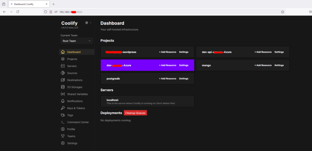 coolify dashboard