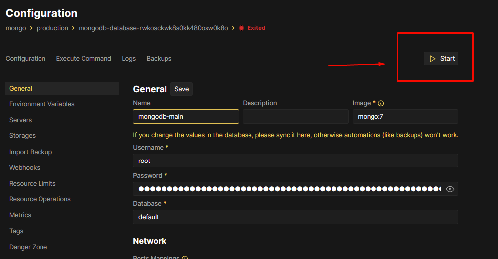 start button to deploy mongo