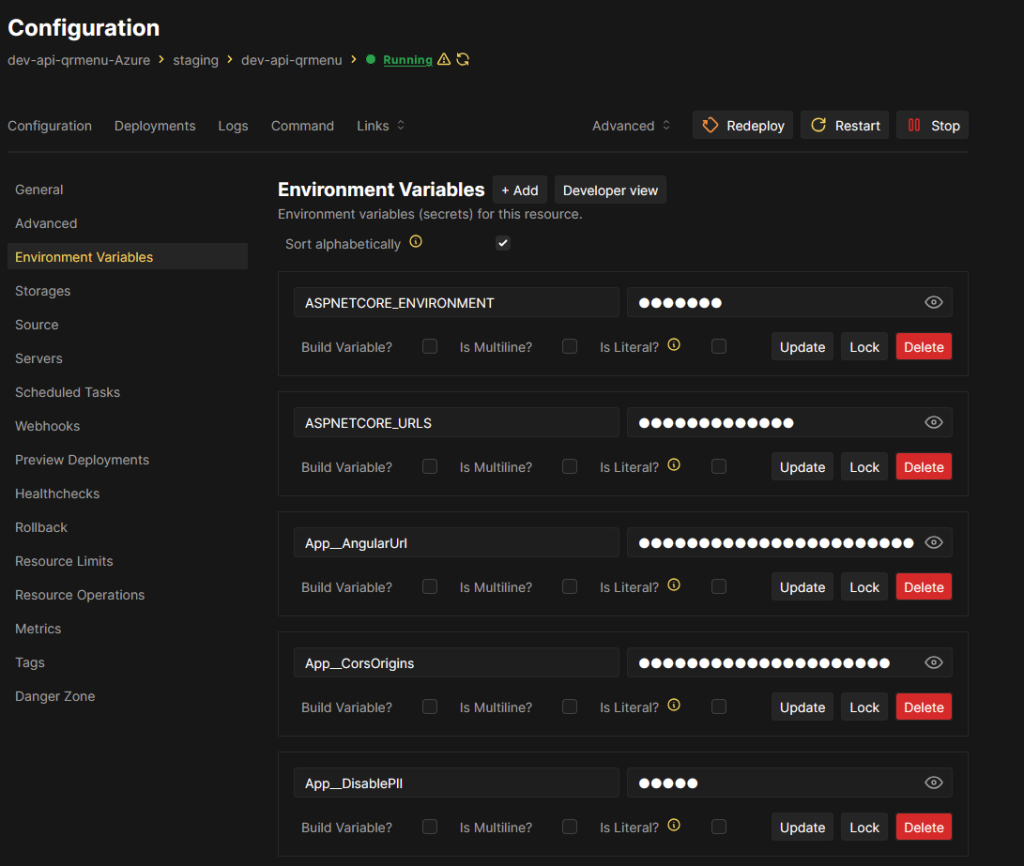 coolify .net project's environment variables screen
